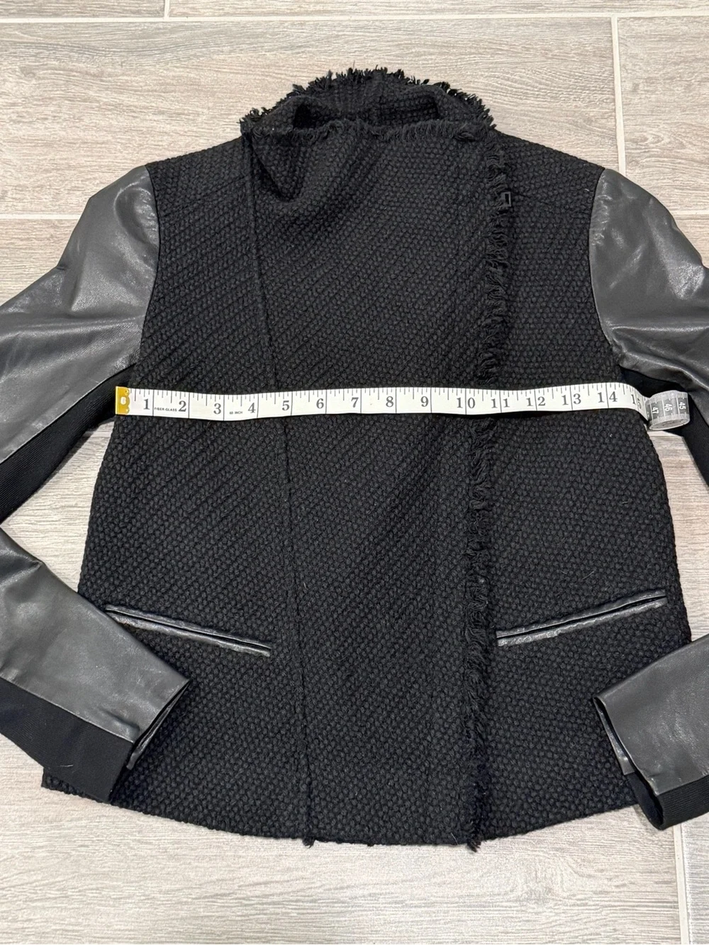 VINCE Black Lamb Leather Wool Boucle Tweed Cropped Moto Jacket. Size XS.